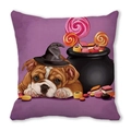 Detail of Halloween bulldog puppy cushion cover with purple background and candy cauldron - Bulldog Wizard (14)