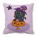Detail of cute black cat wizard in a pumpkin boat printed on a purple pillow cover - Cat in Pumpkin Boat (19)