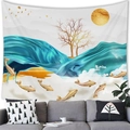 Abstract blue silk landscape tapestry with golden koi fish and sun for wall decor - 150x100(Peach Skin) / Koi Fish and Golden Sun
