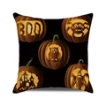 Detail of Halloween pumpkin lantern prints on black square decorative throw pillowcase - Five Jack-O-Lanterns BOO Design (4)