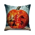 Macro detail of Halloween pillow cover featuring a watercolor pumpkin and headless horseman - Pumpkin With Headless Horseman Silhouette (13)