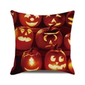 Detailed close-up of square Halloween cushion cover with spooky pumpkin lantern prints - Diverse Glowing Jack-O-Lanterns Combination (14)