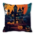 Halloween pillow cover with watercolor castle, orange moon, bats and pumpkin design - 18x18 Inch / Full Element Halloween Castle (37)