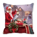 Detail of oil painting style Santa Claus print on peach skin festive pillowcase - Santa Holding Lantern and List Pattern (36)