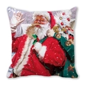 Detail of Christmas pillow cover showing vibrant Santa Claus watercolor painting and fabric texture - Santa Claus under Snow Tree Pattern (38)