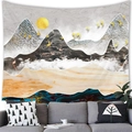 Abstract mountain landscape tapestry with golden sun and birds for room wall decor - 100x70(Peach Skin) / Abstract Patchwork Landscape