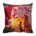 Detail showing texture of watercolor Santa Claus square cushion cover on white background - Santa by Fireplace with Pets Pattern (32)