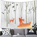 Modern wall tapestry with orange deer and birch trees over a grey fabric sofa - 150x100cm / Peach Skin / Style 1