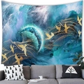 Modern abstract blue and gold wave tapestry with moon and birds for wall decor - 100x70(Peach Skin) / Dreamy Blue Waves
