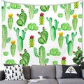 Sunset watercolor cactus tapestry hanging on a white wall above a grey fabric sofa - White Background Watercolor Cactus Mix (9)