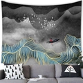 Abstract ink wash style tapestry with mountain landscape for modern home wall decor - 100x70(Peach Skin) / Ink Wash Boat in Water