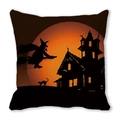 Halloween pillow cover featuring witch and castle silhouette on orange moon background - 18x18 Inch / Witch Flying Over Orange Moon (40)