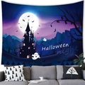 Tapisserie d'Halloween avec château violet et lune au-dessus d'un canapé gris - 95x73cm / Château de la Nuit Noire Lune (Style 11)