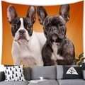 Detail of French Bulldog tapestry with vibrant orange background displayed over a sofa - Two French Bulldogs Orange Gradient Pattern 1 (Peach Skin) / 150x100cm