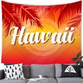 Hawaii sunset wall tapestry with coconut tree silhouettes over a grey living room sofa - Hawaii Sunset Style (15) / 100x70(Peach Skin)