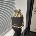Mini gray leopard print suede crossbody bag with pearl handle and golden chain strap - Gray