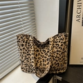 Borsa tote da donna alla moda in velluto a coste leopardato con grande capacità interna - Cachi