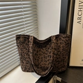 Borsa tote in velluto a coste leopardato da donna con grande capacità e stile retrò - Marrone