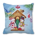 Detail of Christmas peach skin cushion cover featuring cute snowmen in a winter scene - 18x18 Inch / Dual Snowmen and Blue Wooden House Background Style (36)