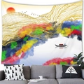 Abstract landscape wall tapestry featuring gold mountains and red sun over a sofa - 100x70(Peach Skin) / New Chinese Splashed Ink
