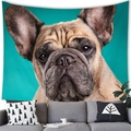 French Bulldog tapestry in vibrant teal blue hanging above a modern sofa in a bright room - French Bulldog Teal Background Pattern 6 (Peach Skin) / 150x100cm