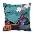 Square Halloween pillowcase with purple cat, pumpkin, and magic cauldron on white background - Purple Cat Wizard (23)
