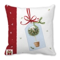 Detailed view of square Christmas pillow with festive pine tree tag and red border design - 18x18 Inch / Potted Christmas Tree with Watercolor Tag Style (12)