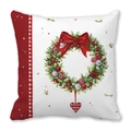 Detailed Christmas wreath cushion with red bow and plaid heart on white peach skin fabric - 18x18 Inch / Holly Wreath and Plaid Heart Style (10)