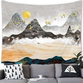 Tapisserie paysage de montagne avec soleil doré et pics marbrés sur canapé - 200x150cm / Montagnes Grises et Or