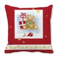 Detail of Christmas pillow cover featuring a hand-drawn teddy bear and festive sled design - 18x18 Inch / Christmas Teddy Bear and Gift Boxes Illustration Style (14)