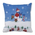 Winter blue Christmas throw pillow cover with festive snowman, snowflakes and gift patterns - 18x18 Inch / Snowman and Christmas Stocking Illustration Style (22)