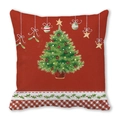 Detail of Christmas tree print on peach skin fabric cushion cover with holly leaf border - 18x18 Inch / Gold Star Christmas Tree with Plaid Border Style (21)