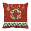 Close-up of festive Christmas pillowcase with wreath and snowflake fabric details - 18x18 Inch / Plaid Ribbon Christmas Red Background Style (22)
