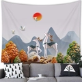 Artistic ink style tapestry featuring white deer and red sun over a modern gray sofa - 100x70cm / Ink Landscape Style (9)