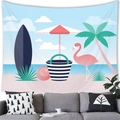 Cartoon summer beach scene tapestry with surfboard and flamingo pattern for wall decor - Beach Flamingo Illustration Style (17) / 100x70(Peach Skin)