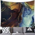 Abstract blue and gold fluid marble wall tapestry hanging over a grey sofa decor - 100x70(Peach Skin) / Deep Blue Bronze Fluid