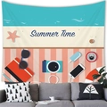 Summer Time beach landscape tapestry with starfish and camera illustration wall hanging - Beach Photography Style (20) / 100x70(Peach Skin)