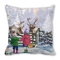 Christmas cushion cover with peach skin texture featuring kids and reindeer in snow - Kids Reindeer Fence Style (ZT435-3)