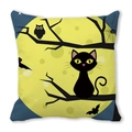 Halloween decorative square pillow cover with black cat, moon and bat illustration - Owl and Cat (30)
