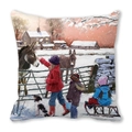 Square peach skin pillowcase with winter oil painting scene of children and donkeys - Snow Kids and Donkey Style (ZT435-4)