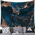 Abstract marble tapestry with blue and rose gold liquid textures hanging above a gray sofa - 150x100(Peach Skin) / Blue Gold Fluid