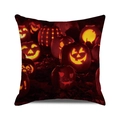 Square Halloween cushion cover with glowing orange Jack-o'-lantern pattern on dark red fabric - Fantasy Glowing Jack-O-Lanterns (28)