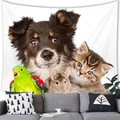 Wall tapestry featuring a realistic photo collage of a dog, cat, parrot, and chinchilla - 10 / 100x70(Peach Skin)