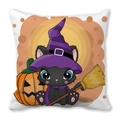 Halloween pillowcase featuring a cute black cat in a witch hat and a pumpkin lamp - White Base Cat Witch (31)