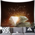 Macro shot of magical open book tapestry with glowing letters over a grey sofa - Golden Light and Flying Letters (19)