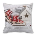 Detailed view of Christmas pillow cover with red ice skates and snowy cabin print - Red Ice Skates Winter (39)
