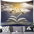 Detail view of fantasy book tapestry with flying pages and golden beams over a sofa - Book Pages Flying to the Sky (9)