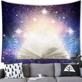 Detail of magic book tapestry with galaxy background hanging over a sofa in a living room - Floating Holy Book and Aurora Galaxy (7)