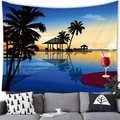 Detail of tropical sunset beach tapestry with palm silhouettes over a gray fabric sofa - 100x70(Peach Skin) / Style 3