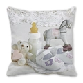 Detailed view of square pillow with printed teddy bear and baby shoes nostalgic design - Baby Teddy Bear Photo (36)